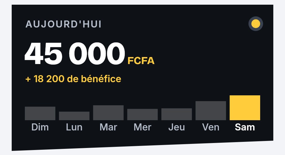 Accueil : 45 000 FCFA de ventes et 18 200 FCFA de bénéfice aujourd'hui