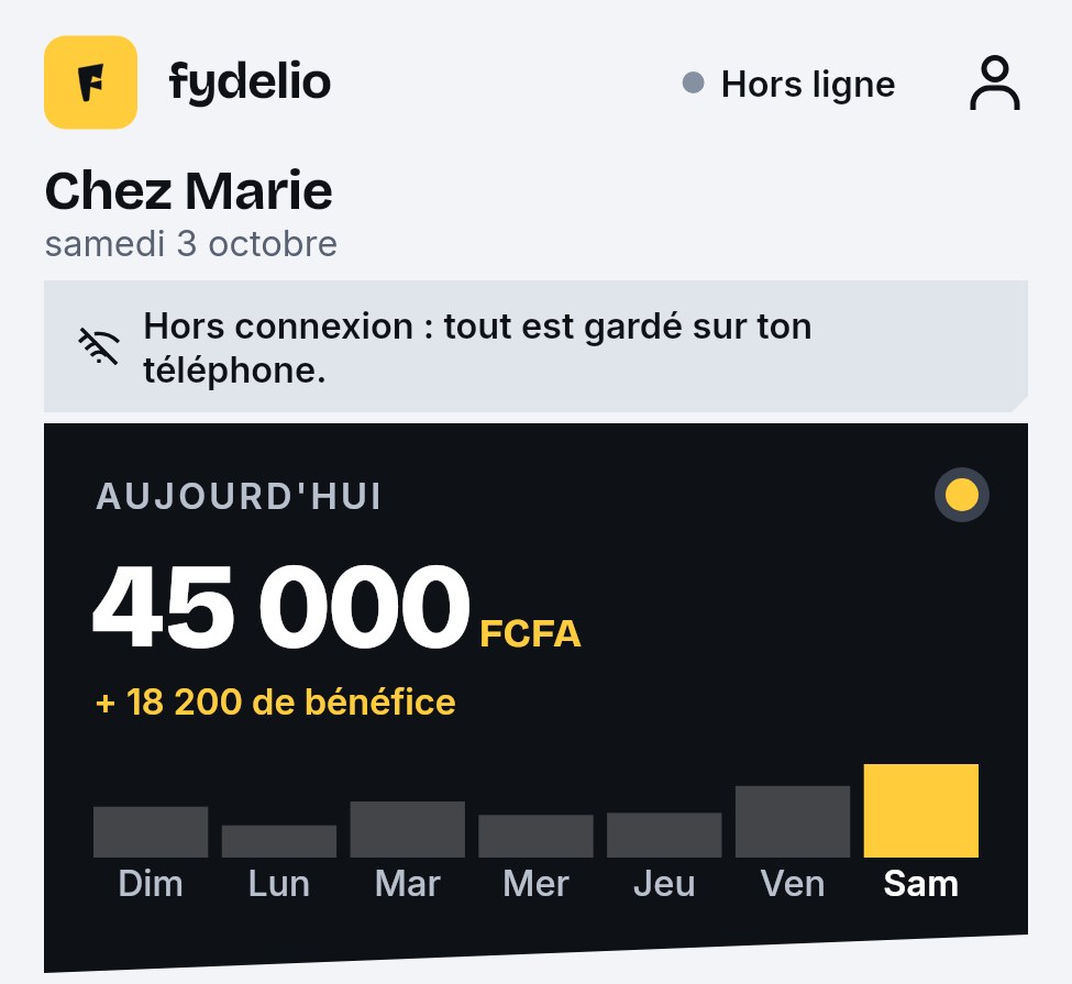 Accueil de Fydelio hors connexion : tout est gardé sur le téléphone