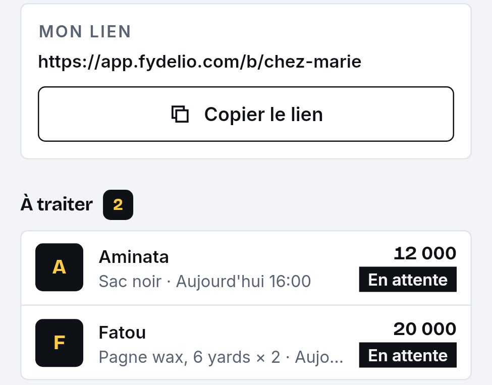 Commandes à traiter : Aminata et Fatou en attente