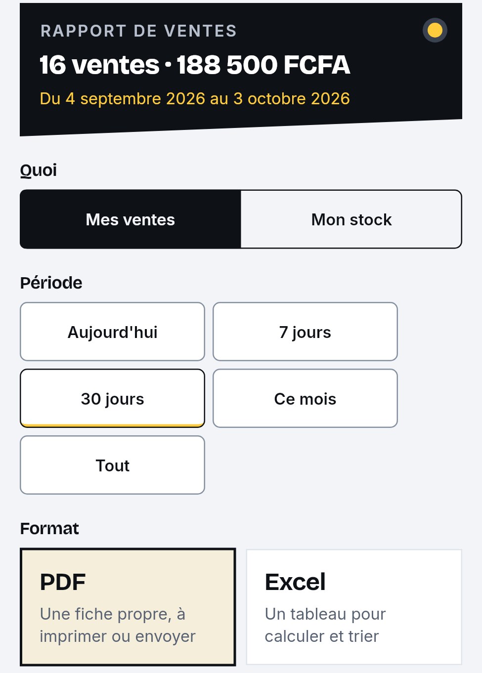 Écran Exporter : rapport de ventes en PDF ou Excel
