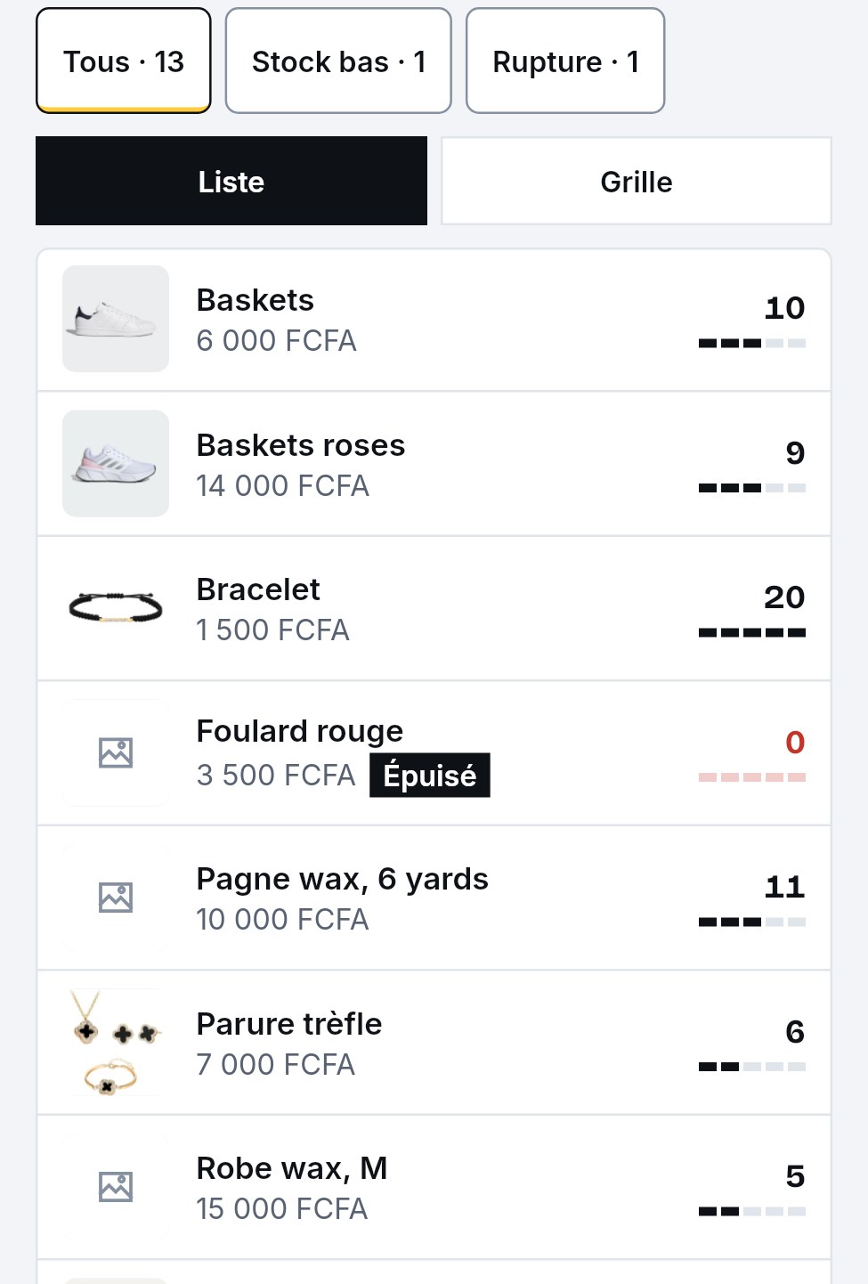 Liste du stock de Chez Marie avec les quantités restantes