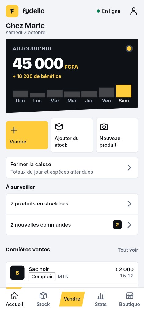 Écran d'accueil de Fydelio : ventes du jour et bénéfice